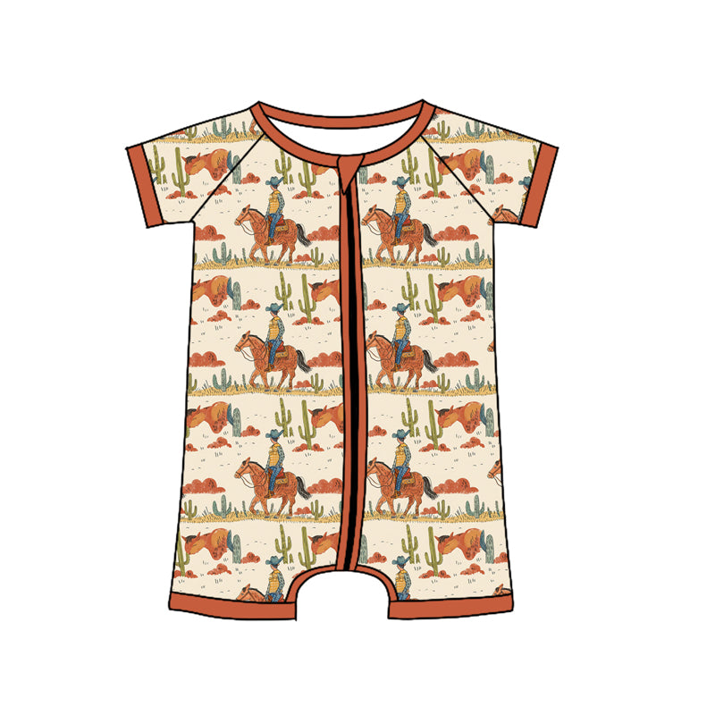 Preorder(moq 5)Baby Infant Boys Brown Short Sleeves House Rodeo Cactus Zipper Rompers