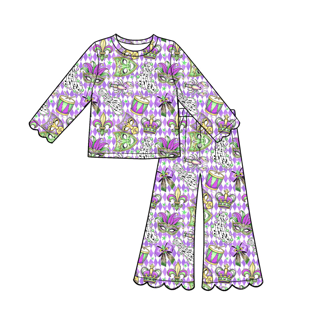 Preorder (moq 5) Girl clothes Mardi Gras Purple Vintage Floral Long Sleeve Round Neck Flare Pants 2‑Piece Outfit Set