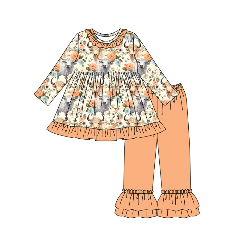 Preorder (moq 5)Baby Girls Highland Cows Floral Tunic Ruffle Pants Set