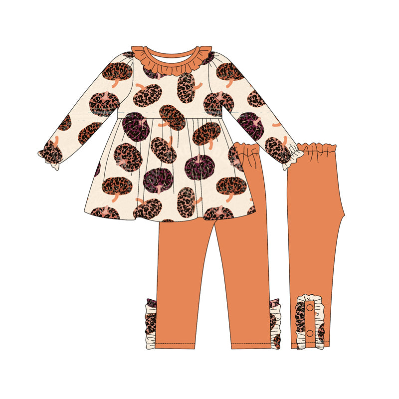 Preorder (moq 5)Baby Girls Long Ruffle Sleeves Leopard Pumpkins Plaid Tunic Legging Pants Set