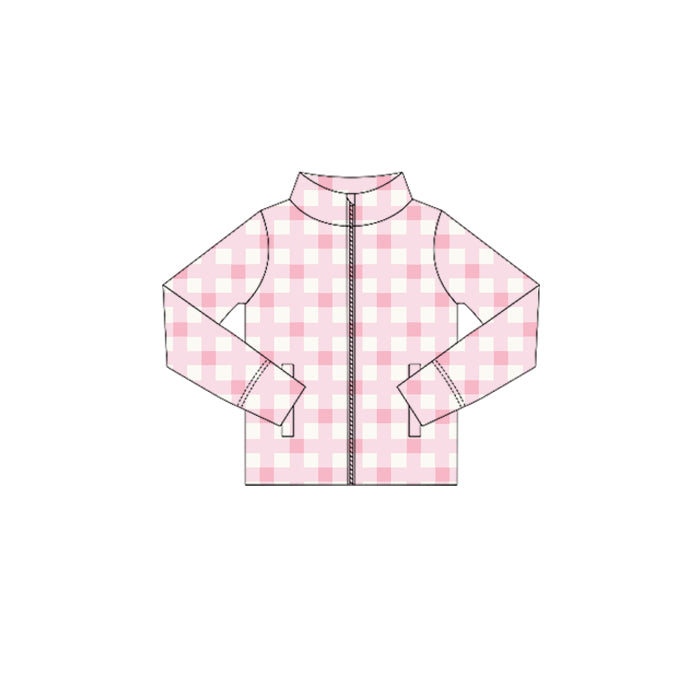 Preorder (moq 5)Baby Girls Long Sleeves Pink Plaid Zipper Pockets Jackets Top