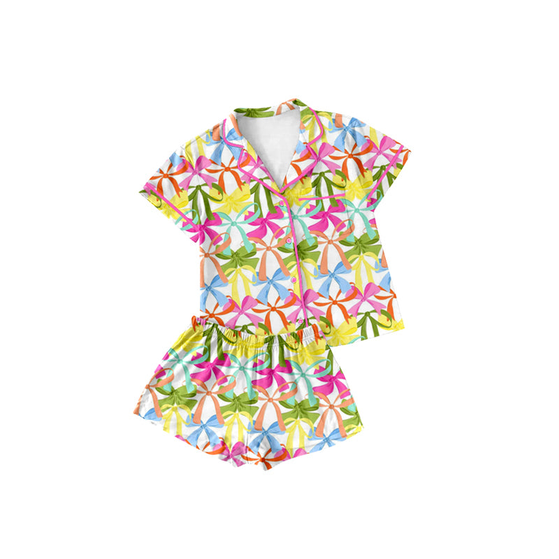 Preorder (moq 5)Baby Girls Short Sleeves Button Pocket Colorful Bows Top Short Pajamas Set