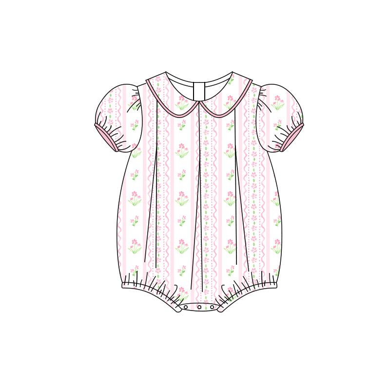 Preorder(moq 5)Baby Infant Girls Pink Short Ruffle Sleeves Floral Stripe Ruffle Rompers