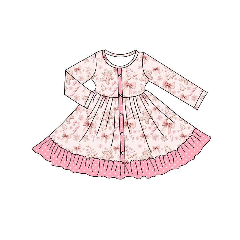 Preorder (moq 5)Baby Girls Bows Gingerbread Button Christmas Ruffle Knee Length Dresses