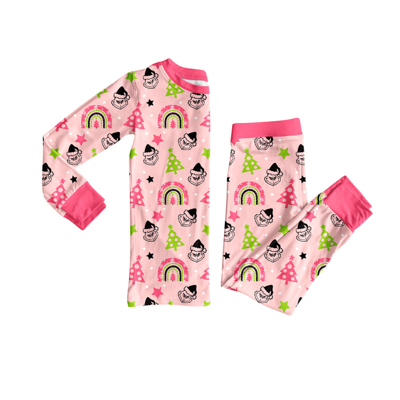 Preorder(moq 5) Baby Girls Pink Christmas Trees Green Face Top Pants Pajamas Set