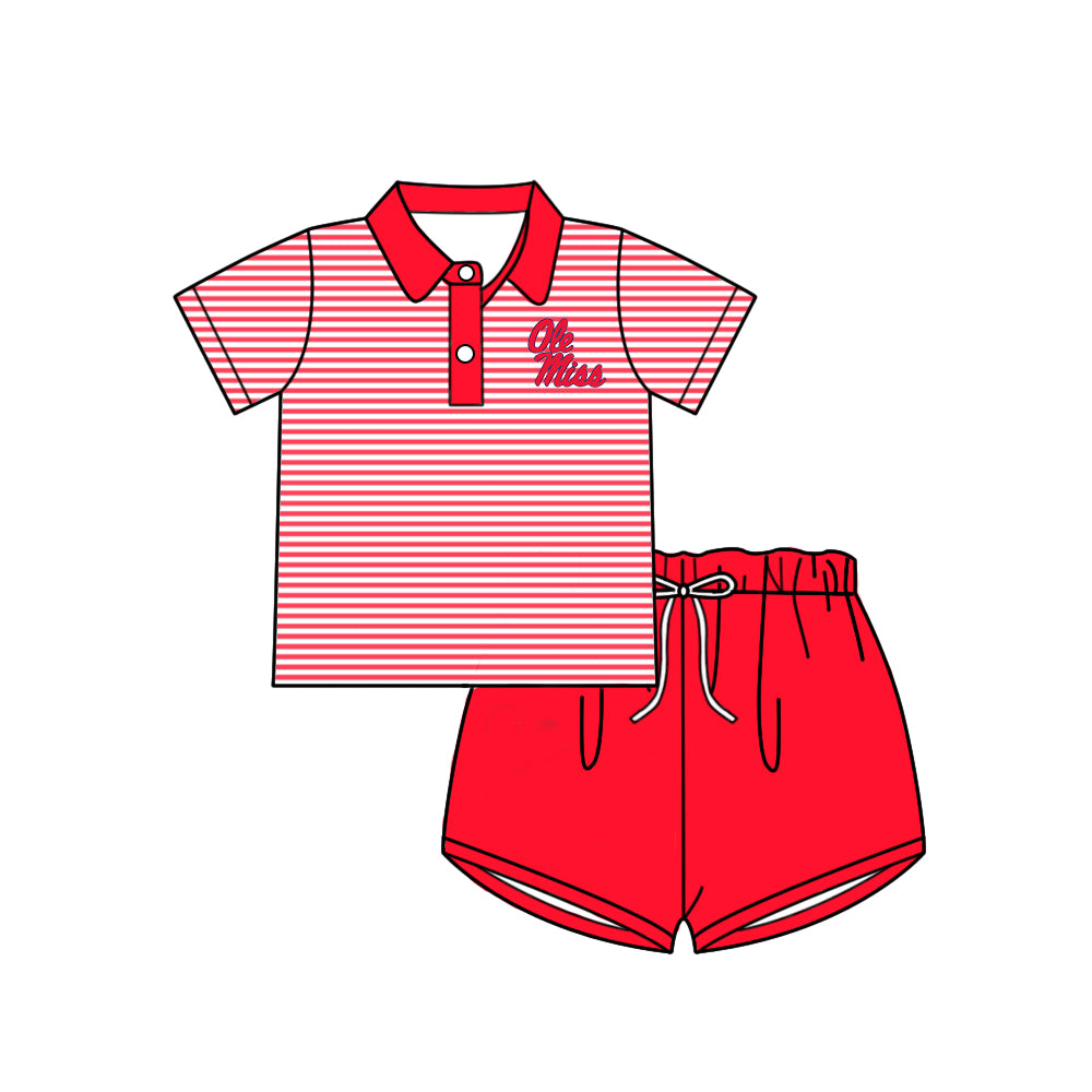 Preorder (moq 5)Baby Boys Red Stripe Short Sleeves Button Ole Miss Top Shorts Team Set