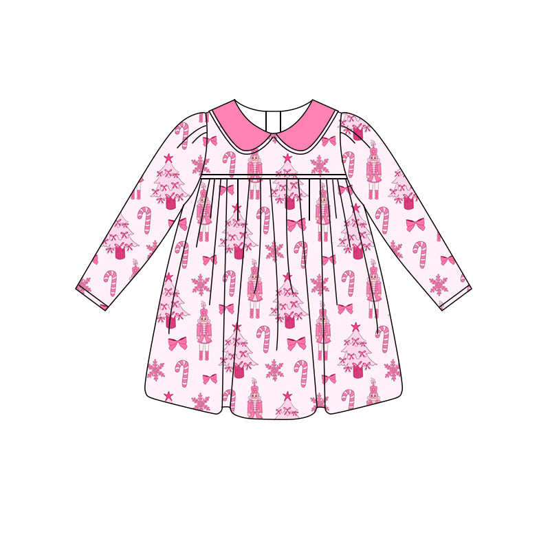 Preorder (moq 5)Baby Girls Pink Long Sleeves Candy Cane Soldiers Knee Length Dresses