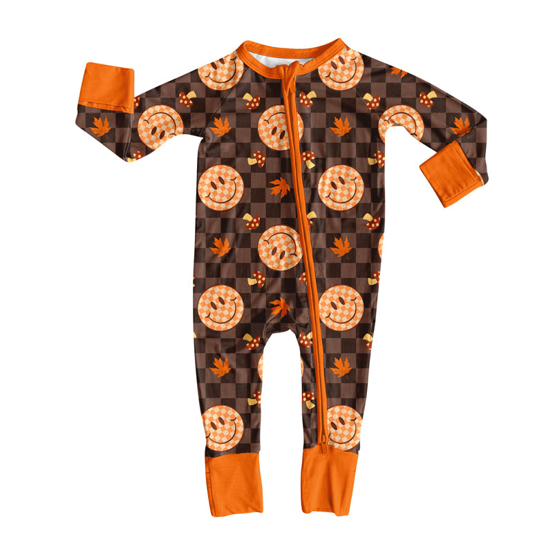 Preorder moq 5 Baby Infant Boys Long Sleeves Brown Plaid Leaves Smiles Zipper Romper