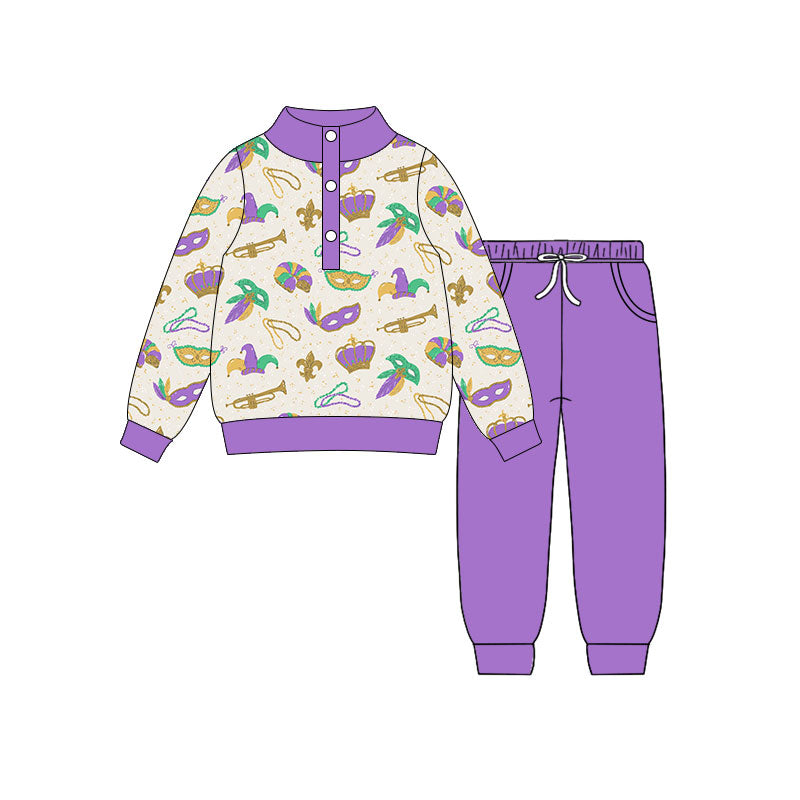 Preorder(moq 5) Baby Boys Masks Donuts Button Top Pockets Jogger Mardigras Clothes Sets