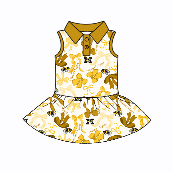 Preorder (moq 5)Baby Girls Yellow Sleeveless Bows Plaid M Tiger Button Team Knee Length Dresses
