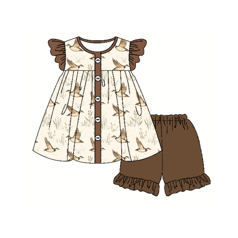 Preorder moq 5 Baby Girls Brown Ducks Button Tunic Ruffle Short Set