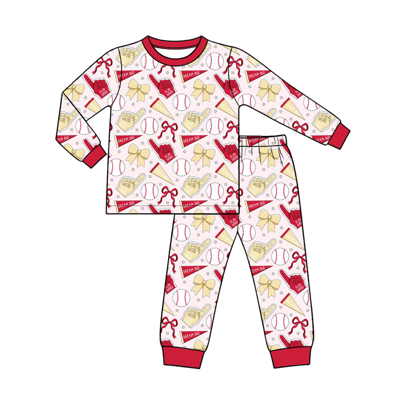 Preorder (moq 5) Baby Girl Clothes Baseball Bow Pennant Mixed Print Long Sleeve Pajama Set