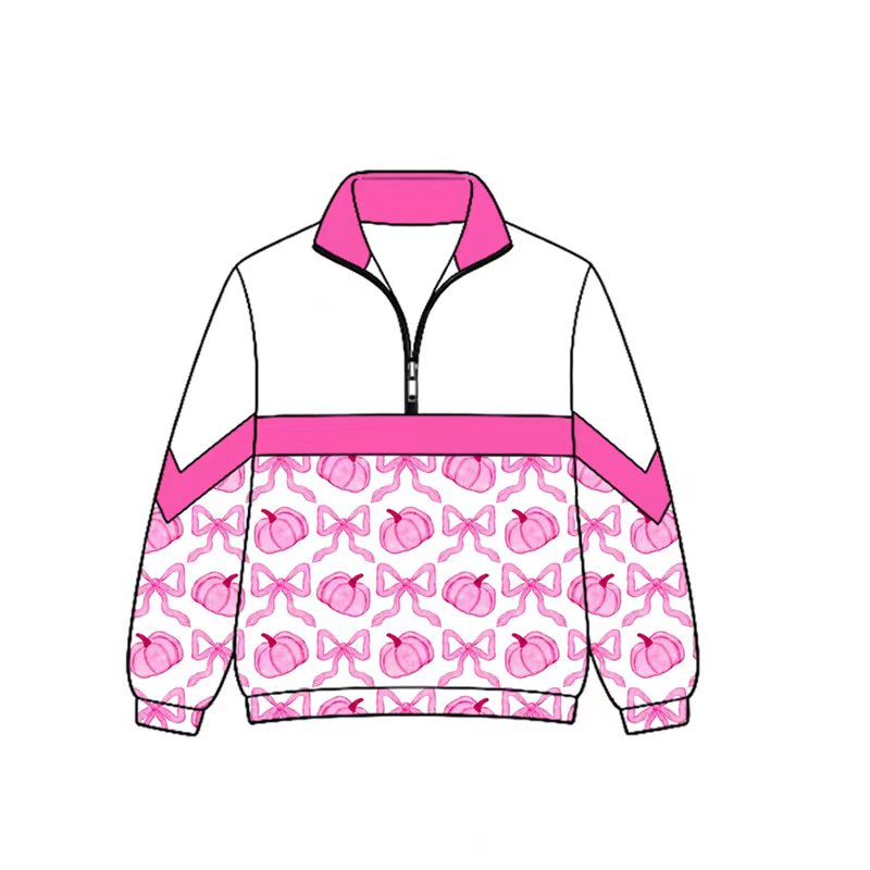 Preorder (moq 5)Baby Girls Pumpkins Bows Checked Fall Zip Pullovers Top