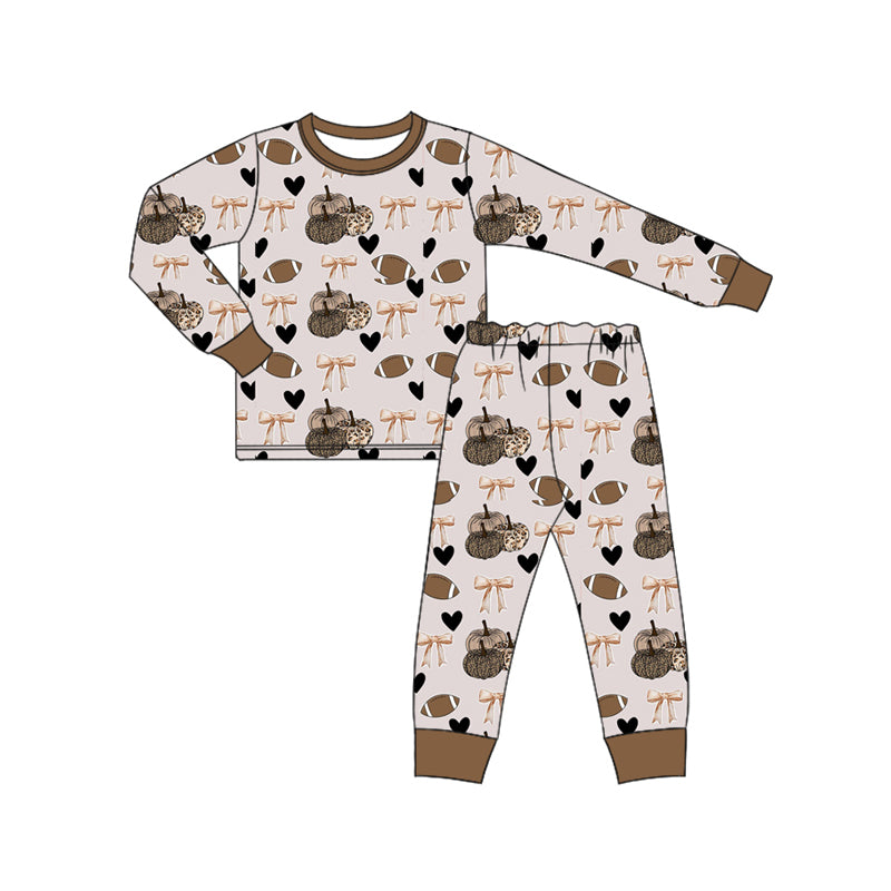 Preorder (moq 5)Baby Boys Lavender Long Sleeves Footballs Bows Pumpkins Top Pant Pajamas Set