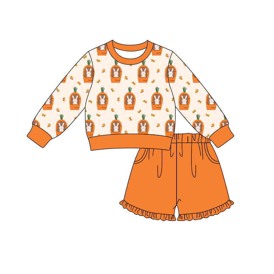 Preorder (moq 5) Baby Girl Clothes Carrot Bunny Allover Print Long Sleeve Top Ruffle Shorts Set