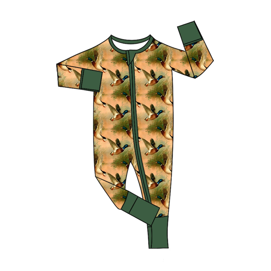 Preorder (moq 5) Baby Girl Clothes Mallard Duck Nature Print Long Sleeve Zipper Romper
