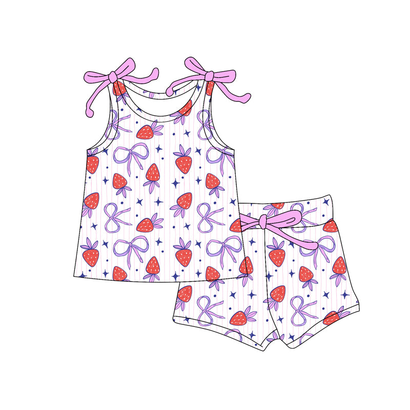 Preorder moq 5 Baby Girls Bows Sleeveless Strawberry Bows Top Short Set