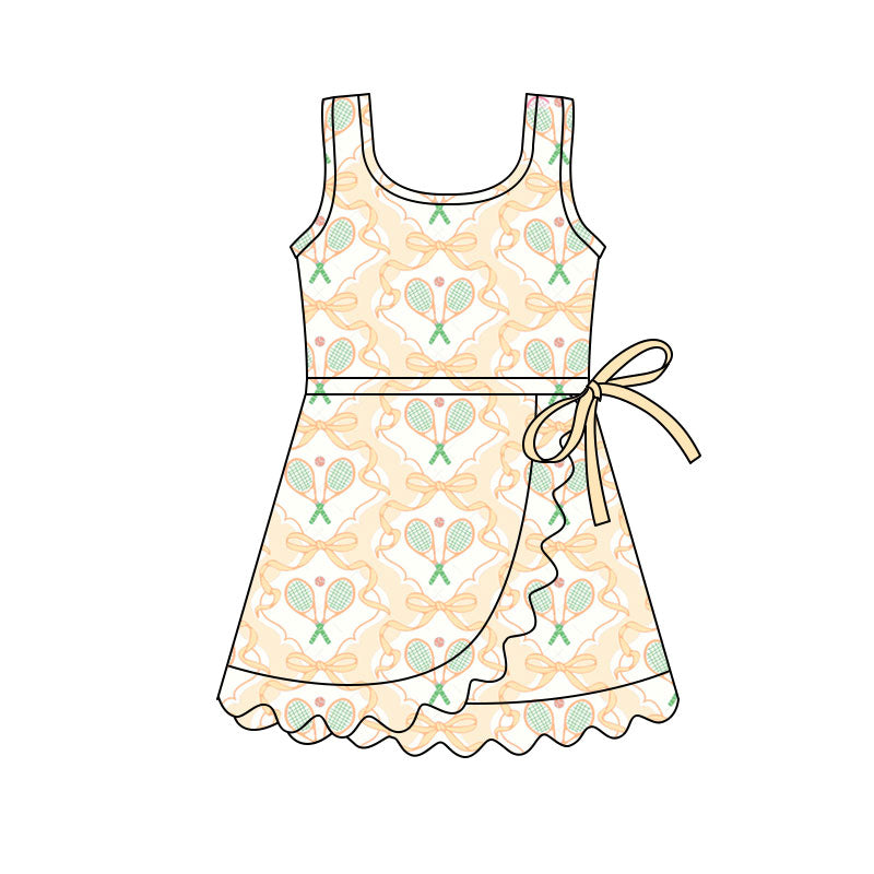 Preorder(moq 5) Baby Girls Sleeveless Yellow Bows Tennis Team Ruffle Knee Length Dresses