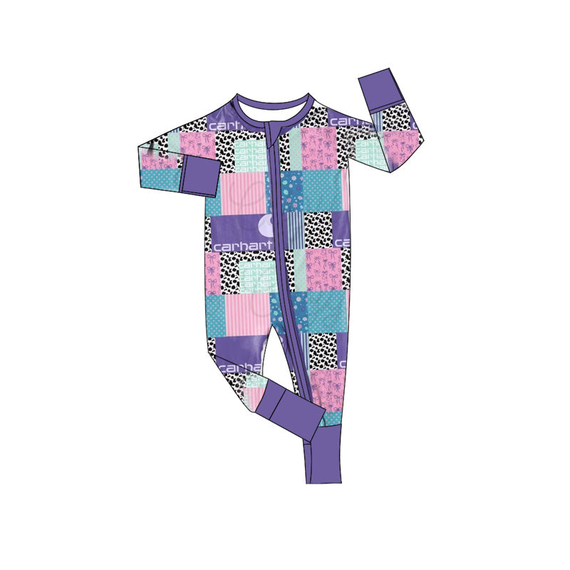 Preorder (moq 5)Baby Boys Western Cow Boots Stars Lavender Zip Long Sleeves Rompers