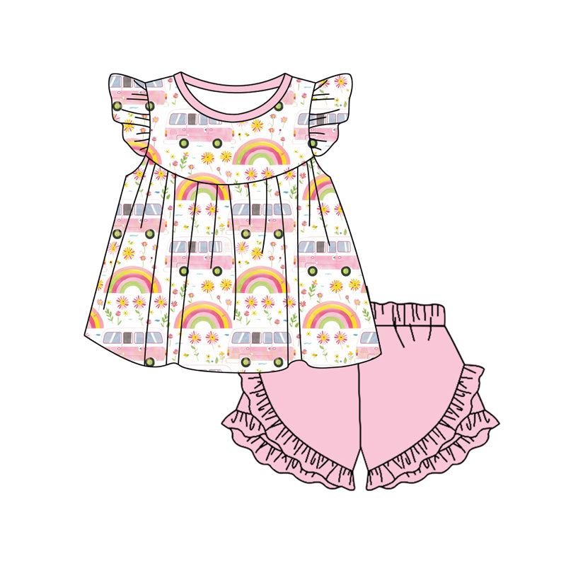 Preorder (moq 5)Baby Girls Pink Rainbow Buses Flowers Top Shorts Clothes Sets