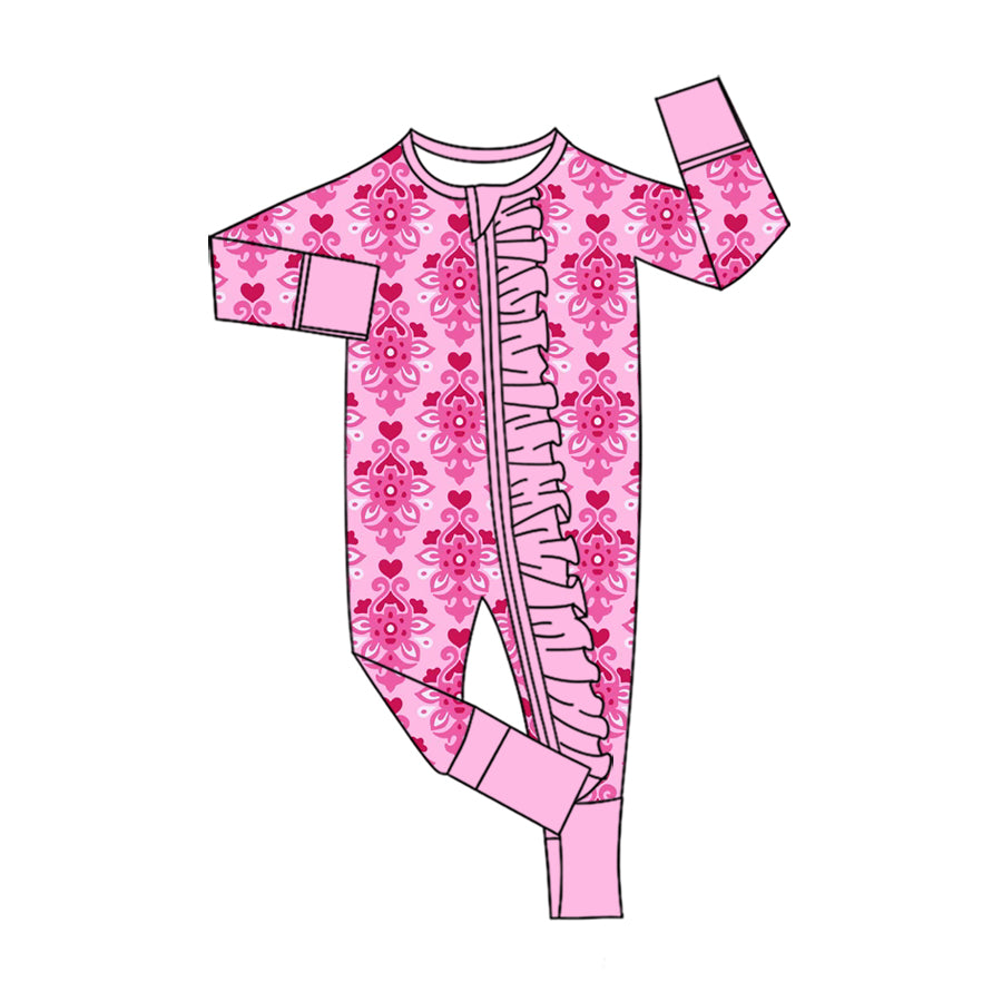Preorder (moq 5) Baby Girl Clothes Pink Damask Heart Mixed Print Long Sleeve Ruffle Zipper Romper