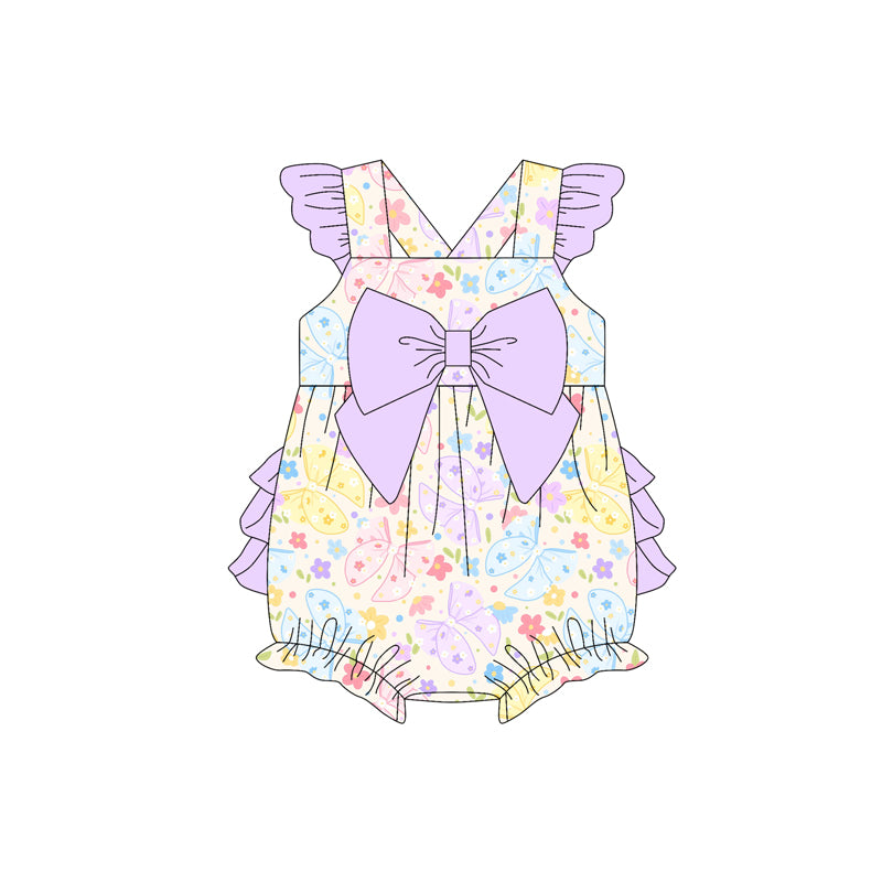 Preorder moq 5 Baby Girls Lavender Flutter Sleeves Colorful Butterfly Floral Bubble Ruffle Rompers