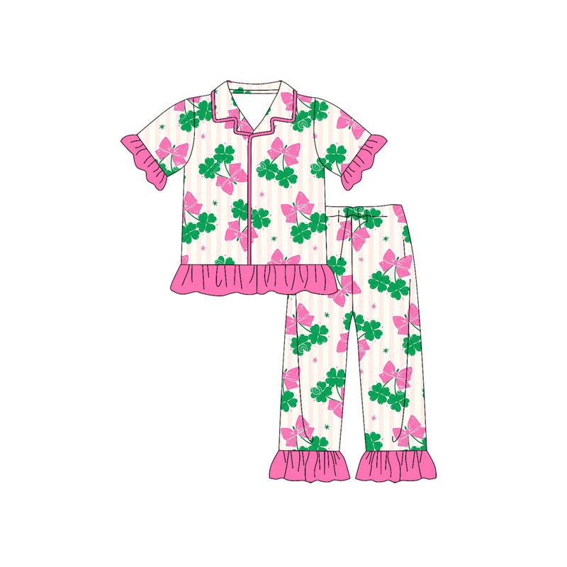 Preorder(moq 8)Baby Girls Pink Stripe Clovers Bows Button Top Ruffle Pants St Patrick Pajamas Sets