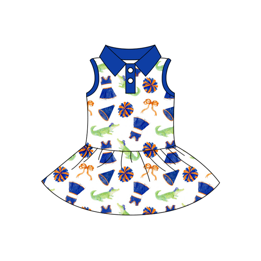 Preorder (moq 5)Baby Girls Sleeveless Bows Crocodiles Button Team Cheer Knee Length Dresses