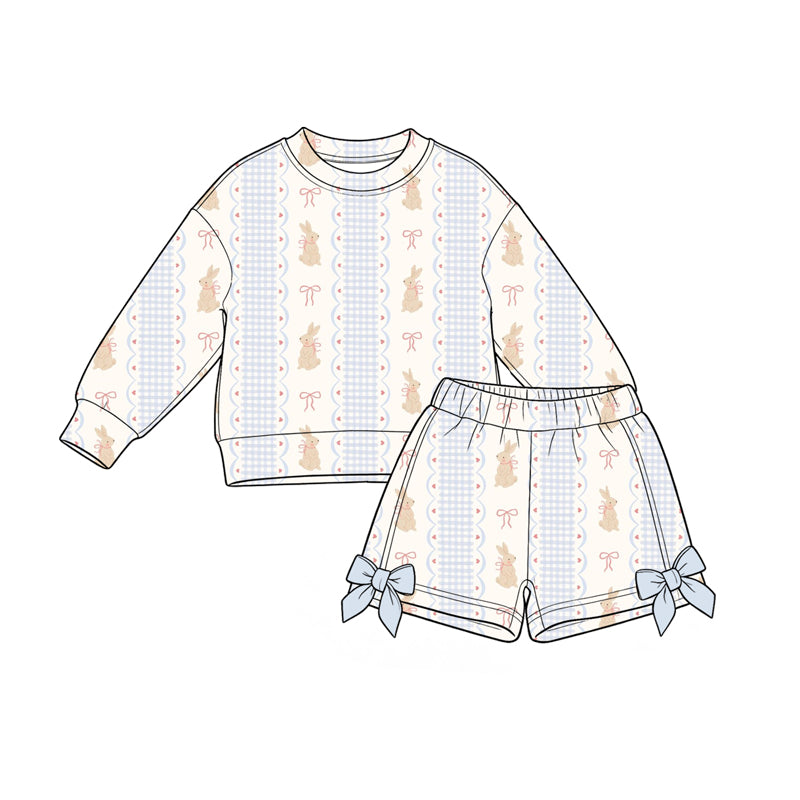 Preorder(moq5) Toddler Girls Easter Casual 2-Piece Outfit Bunny Egg Print Long-Sleeve Sweatshirt Bow Short Kids Clothing Set