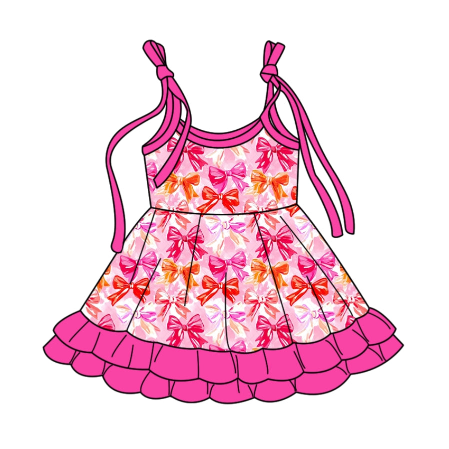 Preorder (moq 5)Baby Girls Strap Pink Bows Plaid Ruffle Knee Length Dresses