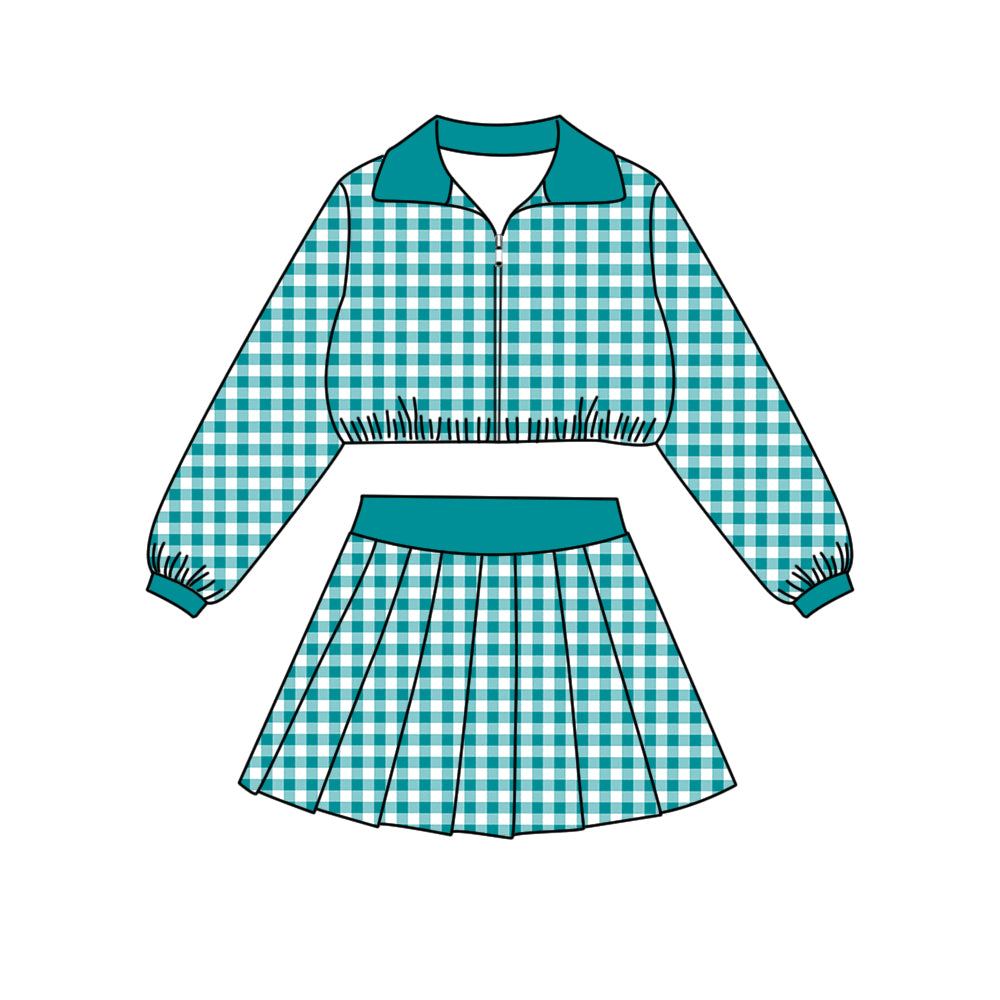 Preorder (moq 5)Baby Girls Long Sleeve Aqua Checked Zip Pullovers Skirt Short Clothes Set