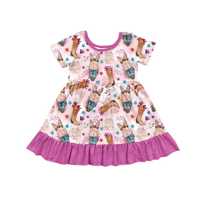 Preorder(moq 8)Baby Girls Rabbits Boots Flowers Easter Ruffle Knee Length Dresses