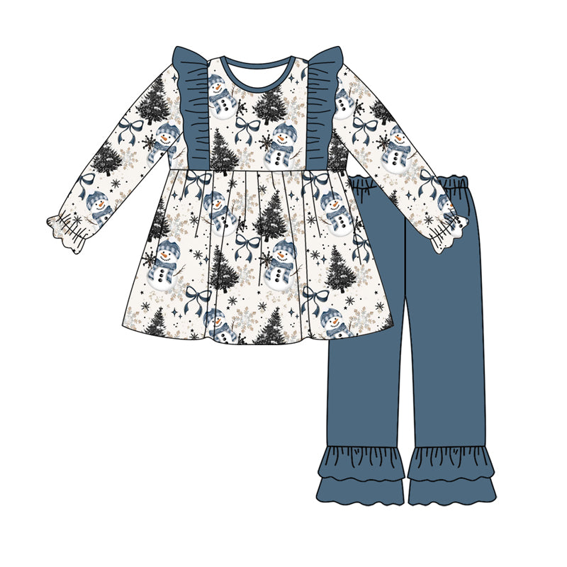 Preorder (moq 5)Baby Girls Long Sleeves Blue Bows Snowman Plaid Tunic Ruffle Pants Set