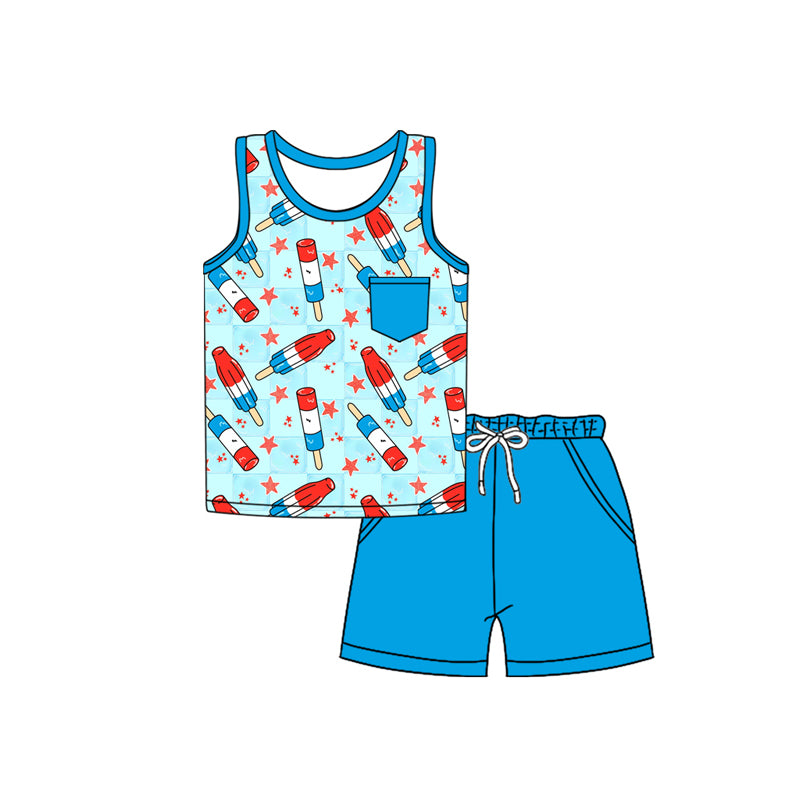 Preorder moq 5 Baby Boys Blue Sleeveless Popsicle Stars Pocket Top Short 4th Of July Set