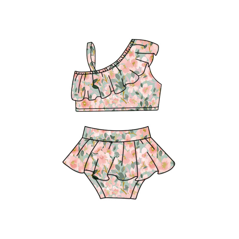 Preorder(moq 5) Baby Girls Peach Floral One Strap Top Ruffle Bummies 2 Piece Swimsuits