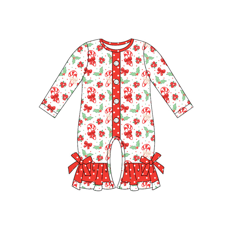 Preorder (moq 5)Baby Girls Long Sleeves Red Bows Candy Cane Holly Button Ruffle Pant Romper