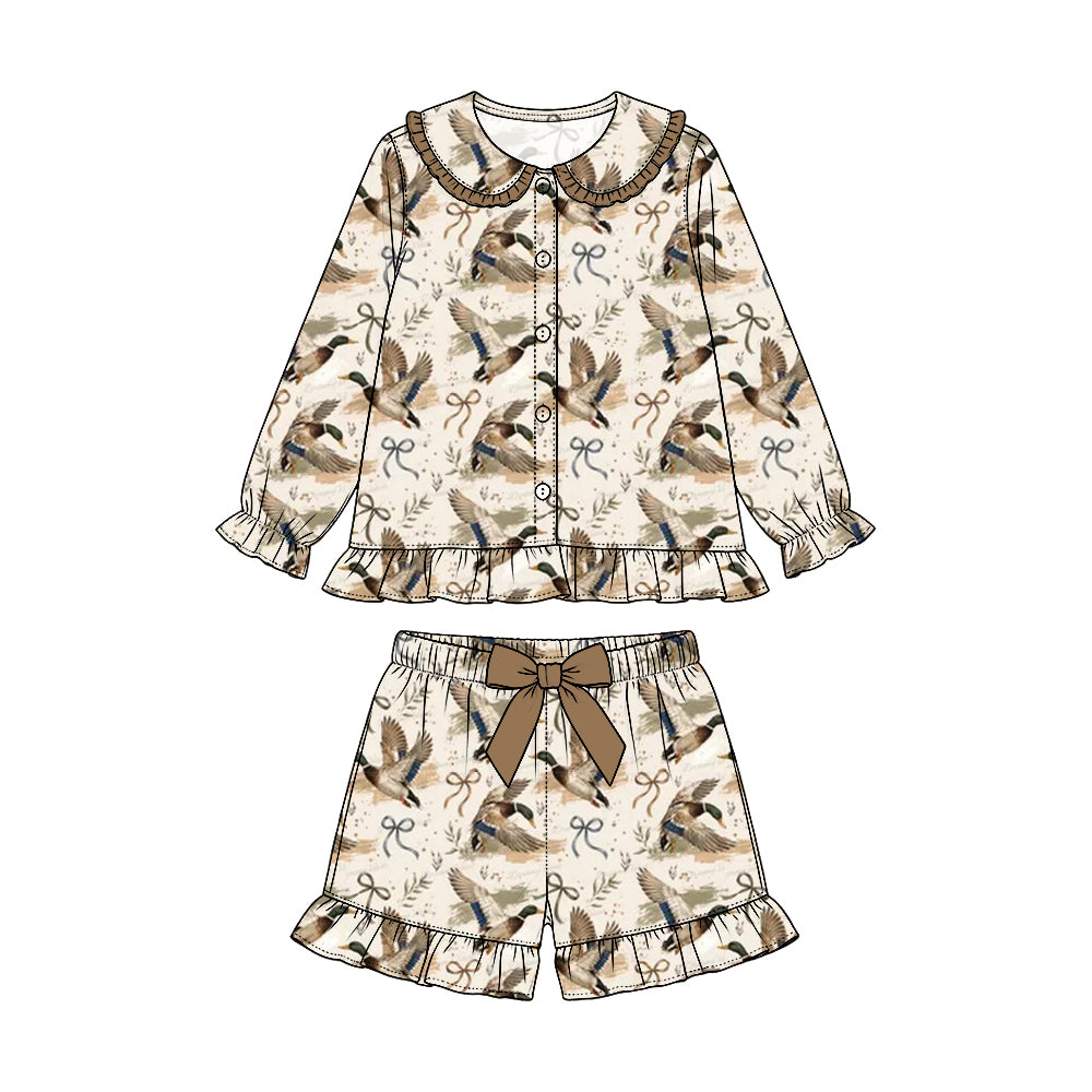 Preorder (moq 5) Baby Girl Clothes Bow Accent Mallard Duck Mixed Print Long Sleeve Button Shorts Pajama Set