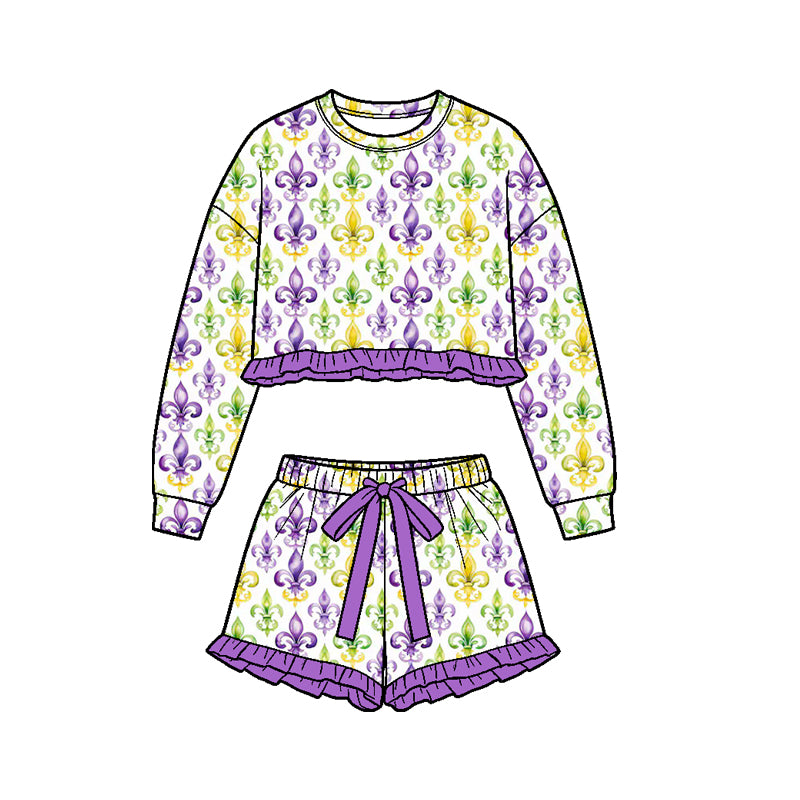 Preorder (moq 5) Girls’ Carnival Purple Iris, Mask Print 2-Piece Set, Long-Sleeve Sweatshirt & Slit Skirt