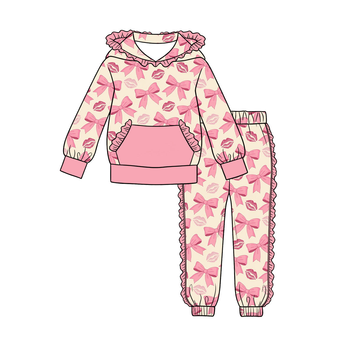 Preorder (moq 5) Baby Girls’ Pink Bow Pocket Hoodie & Ruffle Joggers Set