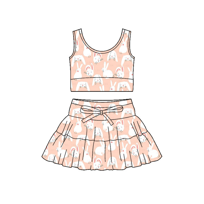 Preorder (moq 5)Baby Girls Pink Rabbits Plaid Vest Ruffle Skirt Shorts Easter Clothes Sets