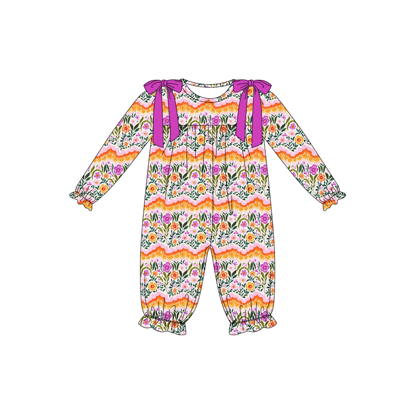 Preorder (moq 5)Baby Girls Long Ruffle Sleeve Flowers Stripe Pant Rompers