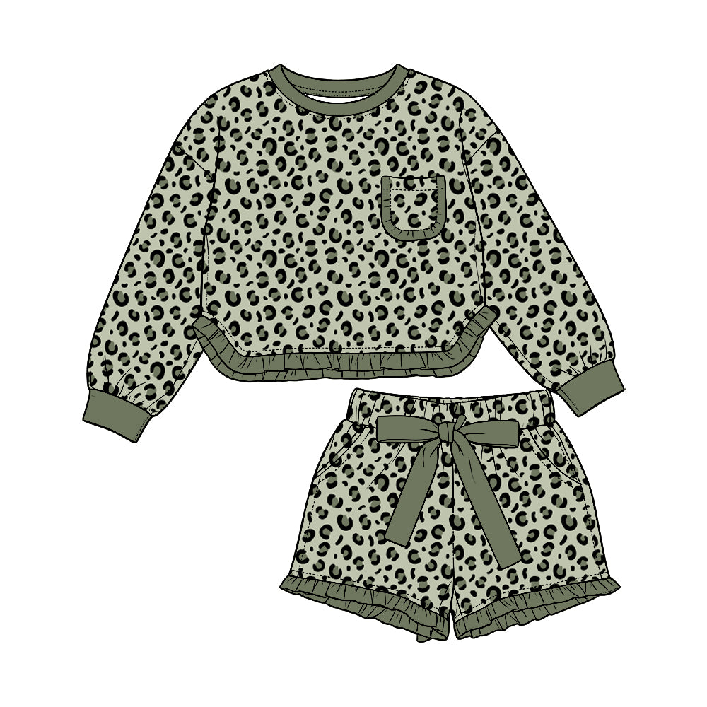 Preorder (moq5) Baby Girls Green Leopard Pocket Top Ruffle Bow Short Clothes Set