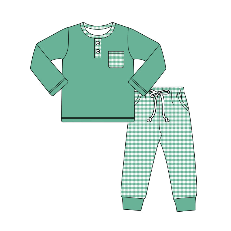 Preorder (moq 5)Baby Boys Green Long Sleeves Button Pocket Top Plaid Legging Pant Set