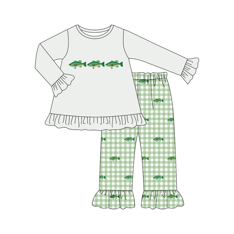 Preorder (moq 5)Baby Girls Long Sleeve Fishes Tunic Checked Ruffle Pant Hunting Sets