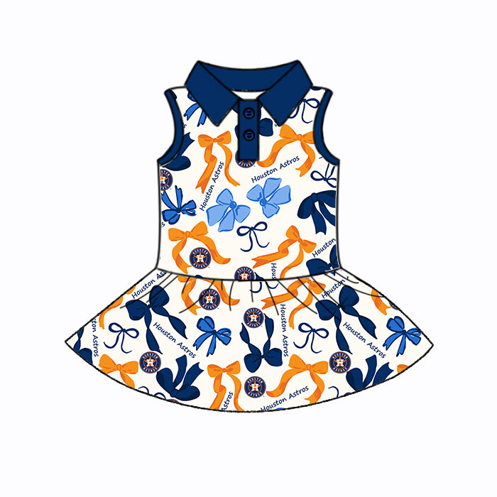 Preorder (moq 5)Baby Girls Blue Orange Bows Plaid Houston Astros Button Team Knee Length Dresses