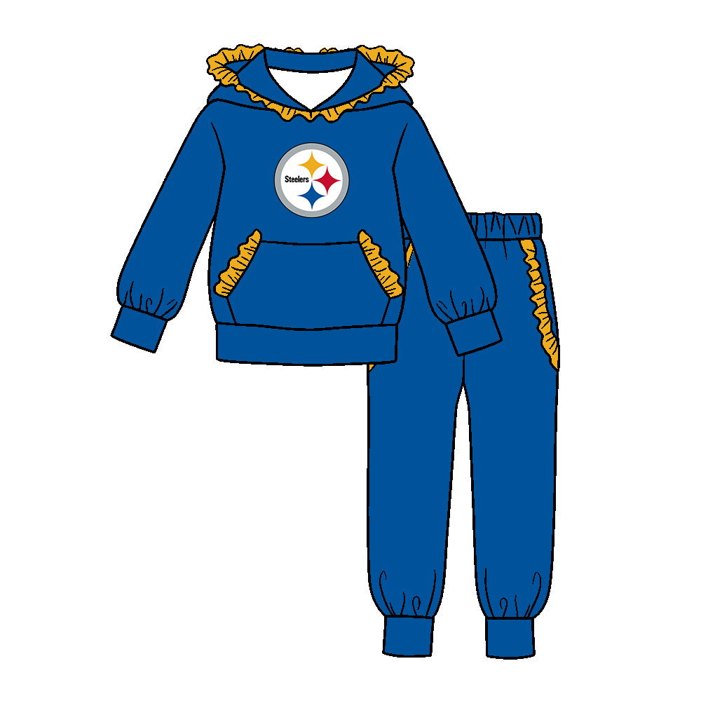 Preorder (moq 5)Baby Girls Blue Steeles Pocket Ruffle Hoodie Joggers Team Clothes Set