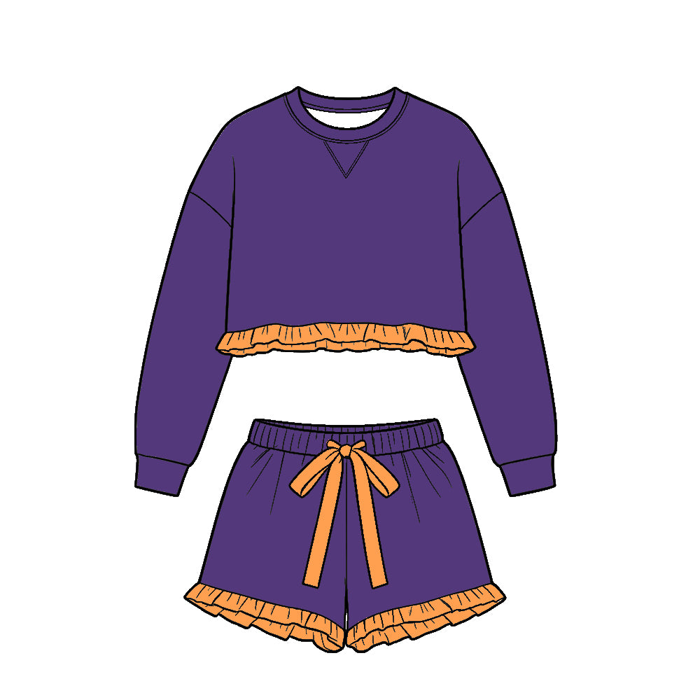 Preorder (moq 5)Baby Girls Purple Orange Long Sleeve Top Ruffle Short Clothes Set