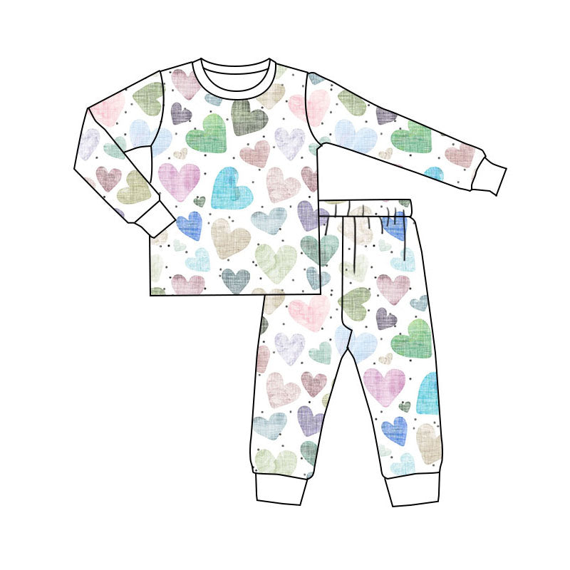 Preorder(moq 5) Baby Girls Colorful Hearts Top Pants Valentine Pajamas Sets