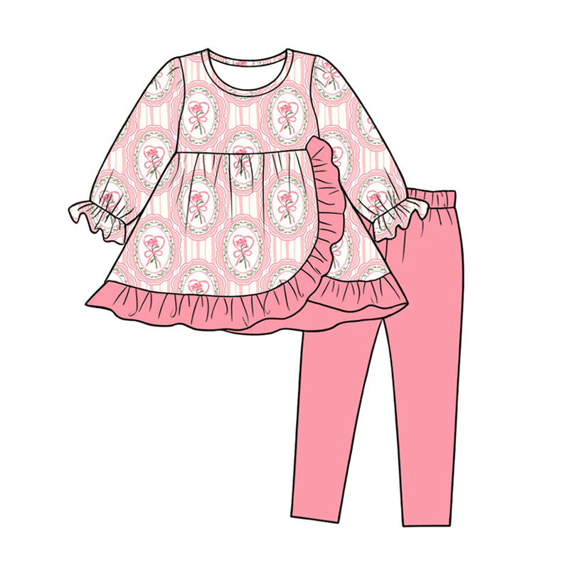 Preorder (moq 5)Baby Girls Pink Heart Flowers Tunic Leggings Pant Valentines Clothes Set