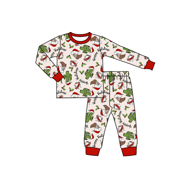 Preorder (moq 5)Baby Boys Long Sleeves Christmas Hats Cactus Boots Top Pant Pajamas Set